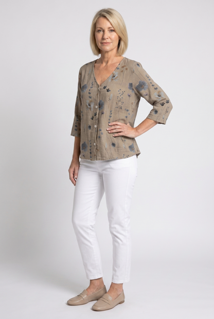 Floral Blouse | V-Neck Three-Quarter Sleeve Linen Top