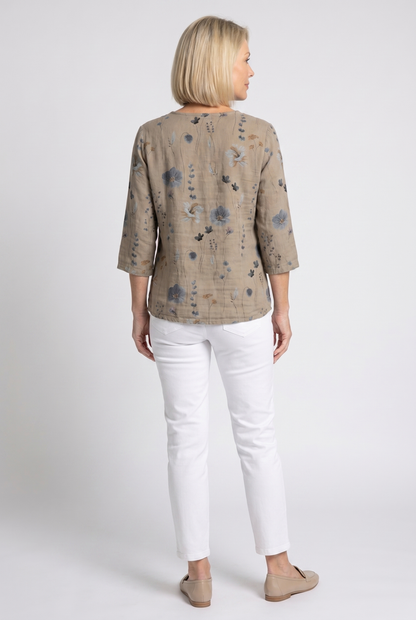 Floral Blouse | V-Neck Three-Quarter Sleeve Linen Top