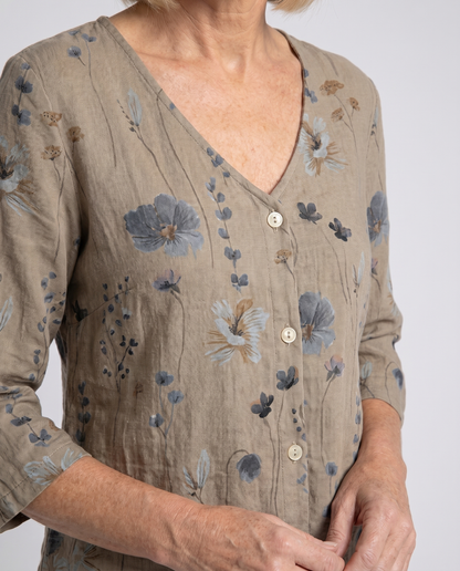 Floral Blouse | V-Neck Three-Quarter Sleeve Linen Top