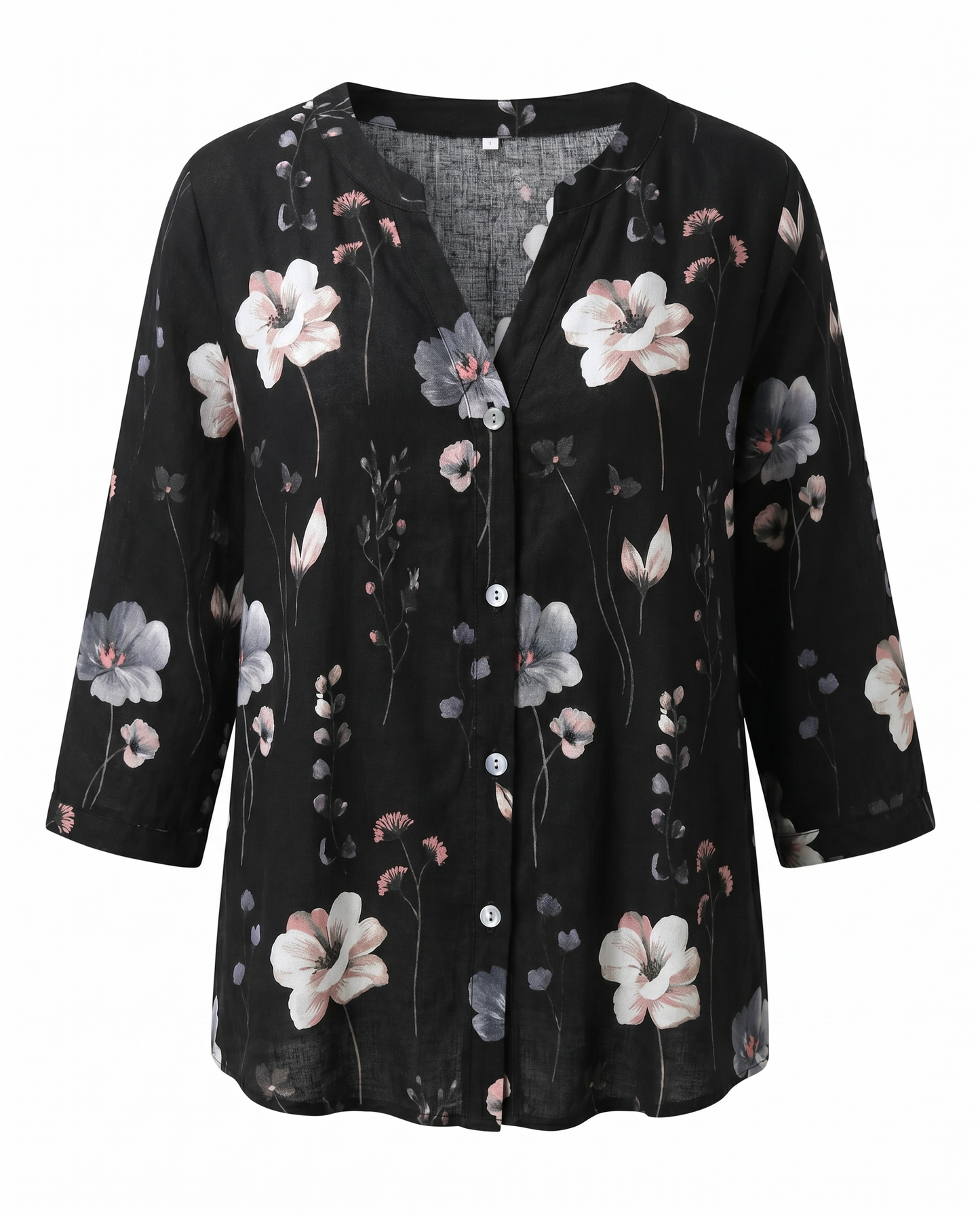 Floral Blouse | V-Neck Three-Quarter Sleeve Linen Top