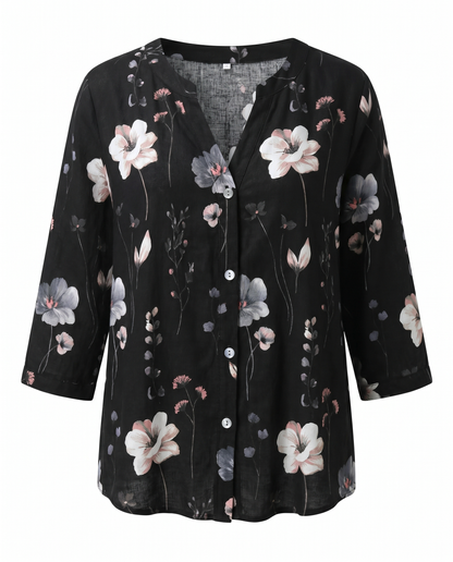Floral Blouse | V-Neck Three-Quarter Sleeve Linen Top