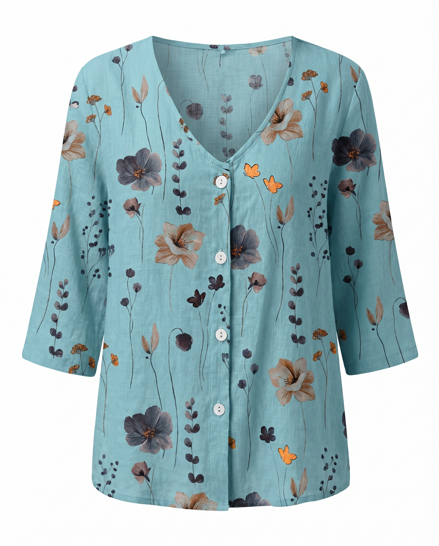 Floral Blouse | V-Neck Three-Quarter Sleeve Linen Top