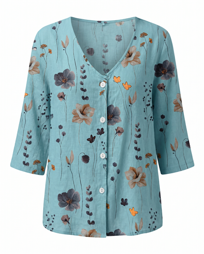 Floral Blouse | V-Neck Three-Quarter Sleeve Linen Top