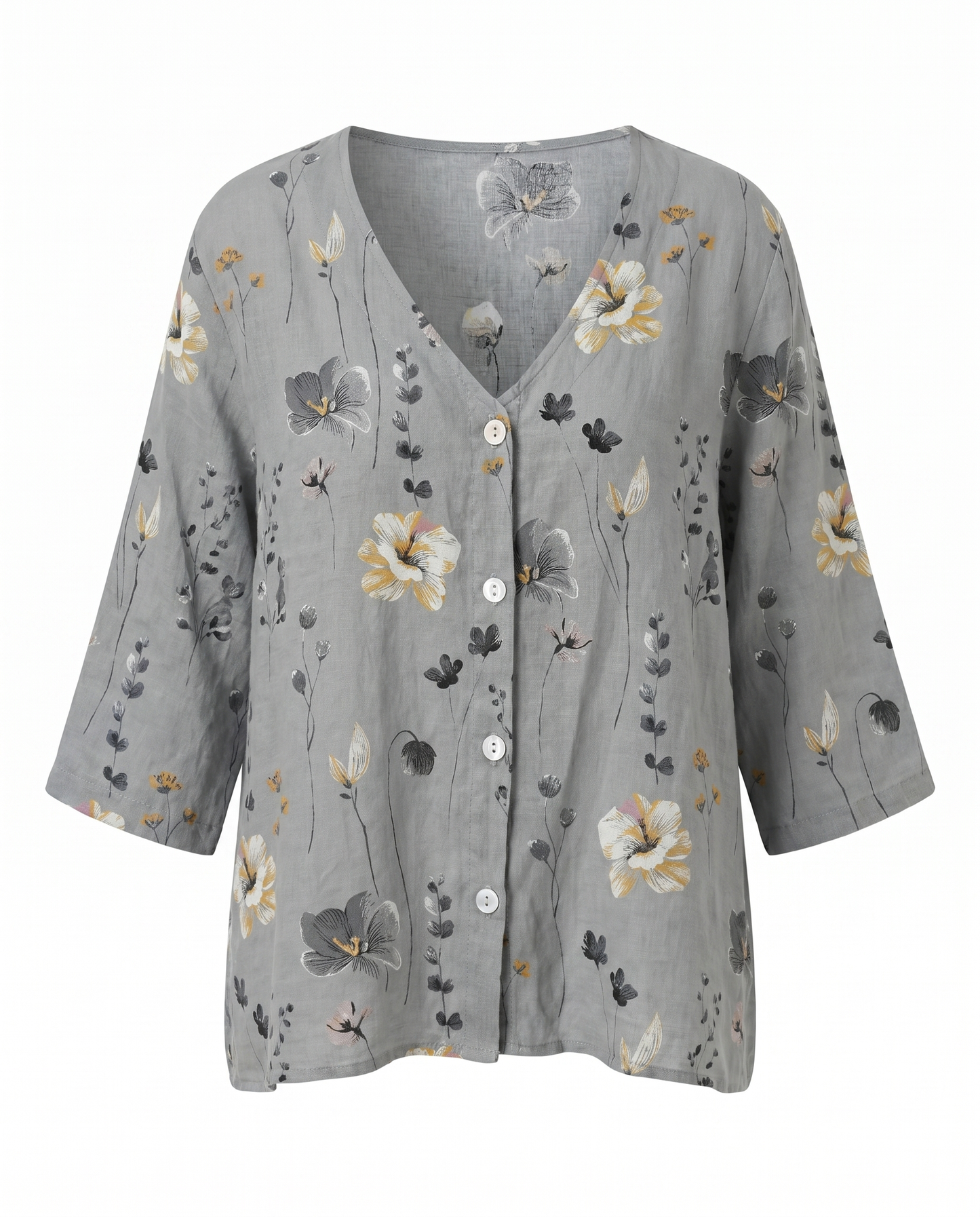 Floral Blouse | V-Neck Three-Quarter Sleeve Linen Top
