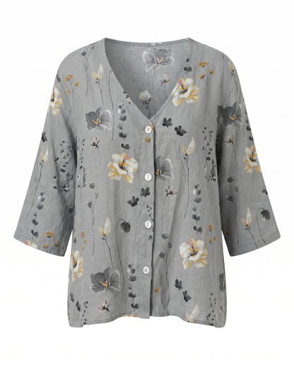 Floral Blouse | V-Neck Three-Quarter Sleeve Linen Top