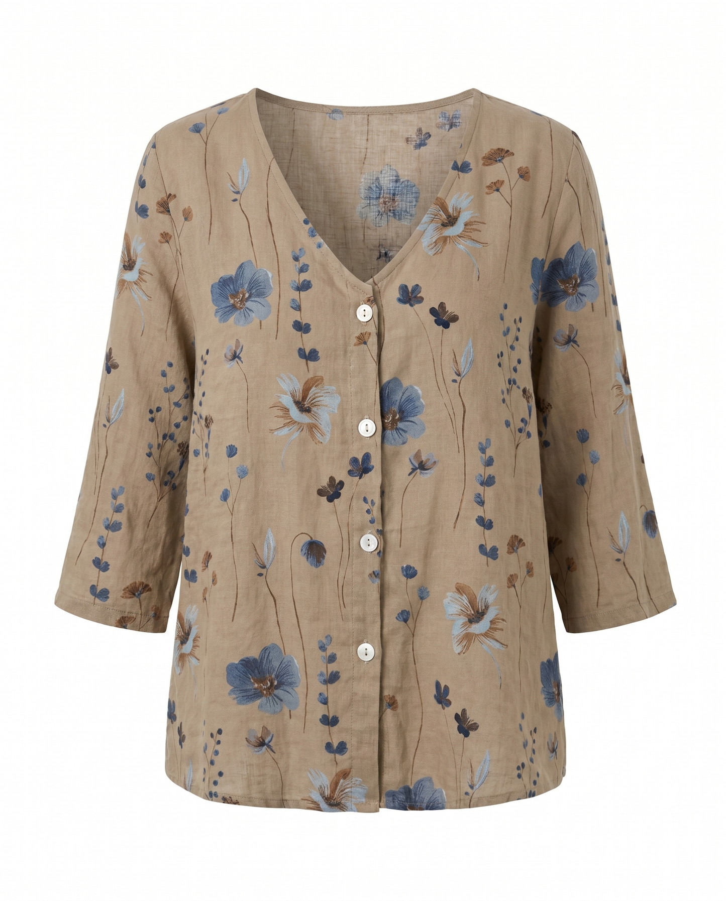 Floral Blouse | V-Neck Three-Quarter Sleeve Linen Top