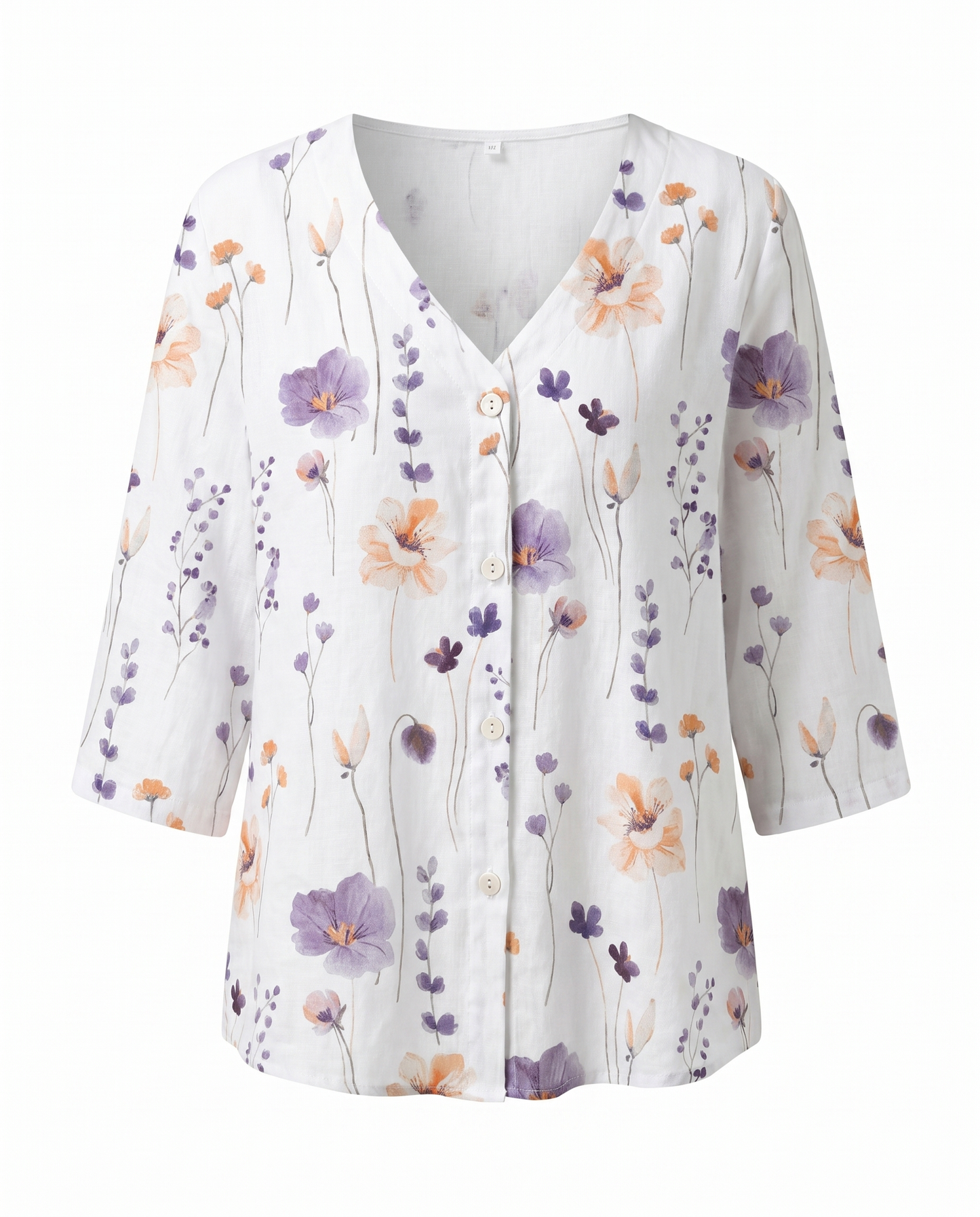 Floral Blouse | V-Neck Three-Quarter Sleeve Linen Top