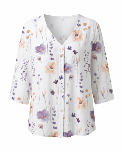 Floral Blouse | V-Neck Three-Quarter Sleeve Linen Top