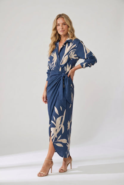 Wrap Maxi Dress | Leaf Print V-Neck Dress