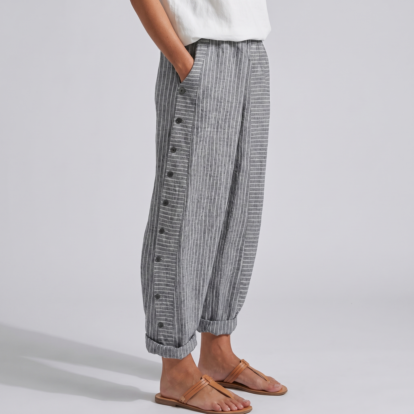 Striped Trousers | Cotton Button-Panel Summer Pants