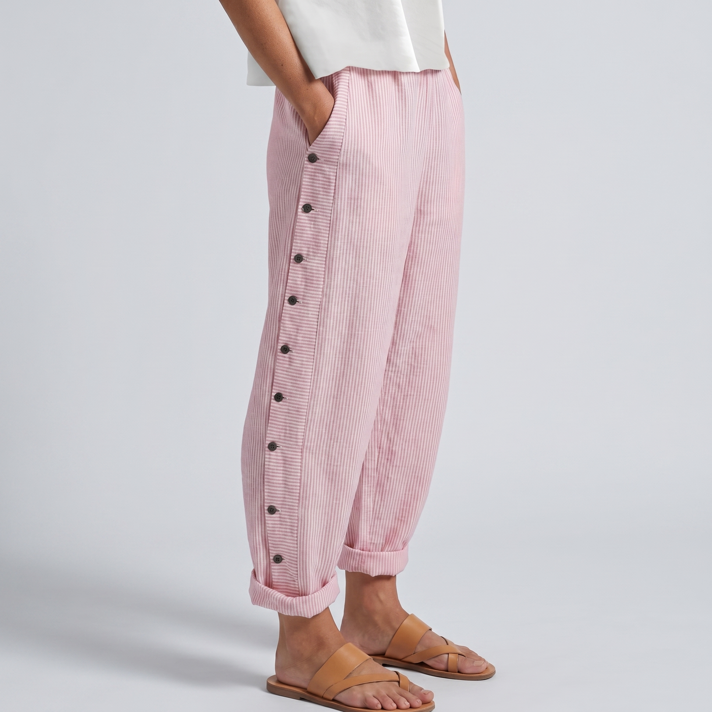 Striped Trousers | Cotton Button-Panel Summer Pants