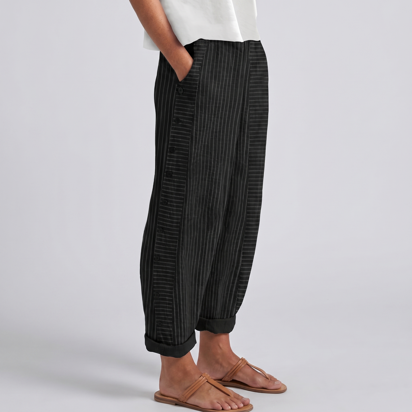 Striped Trousers | Cotton Button-Panel Summer Pants